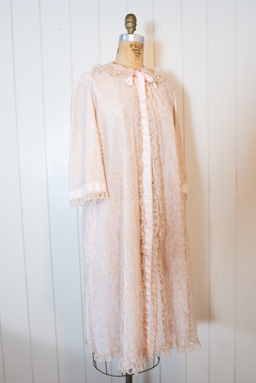 Vintage 50s Odette Barsa Lace Robe Pink Blush Romantic Rockabilly Glam Lingerie